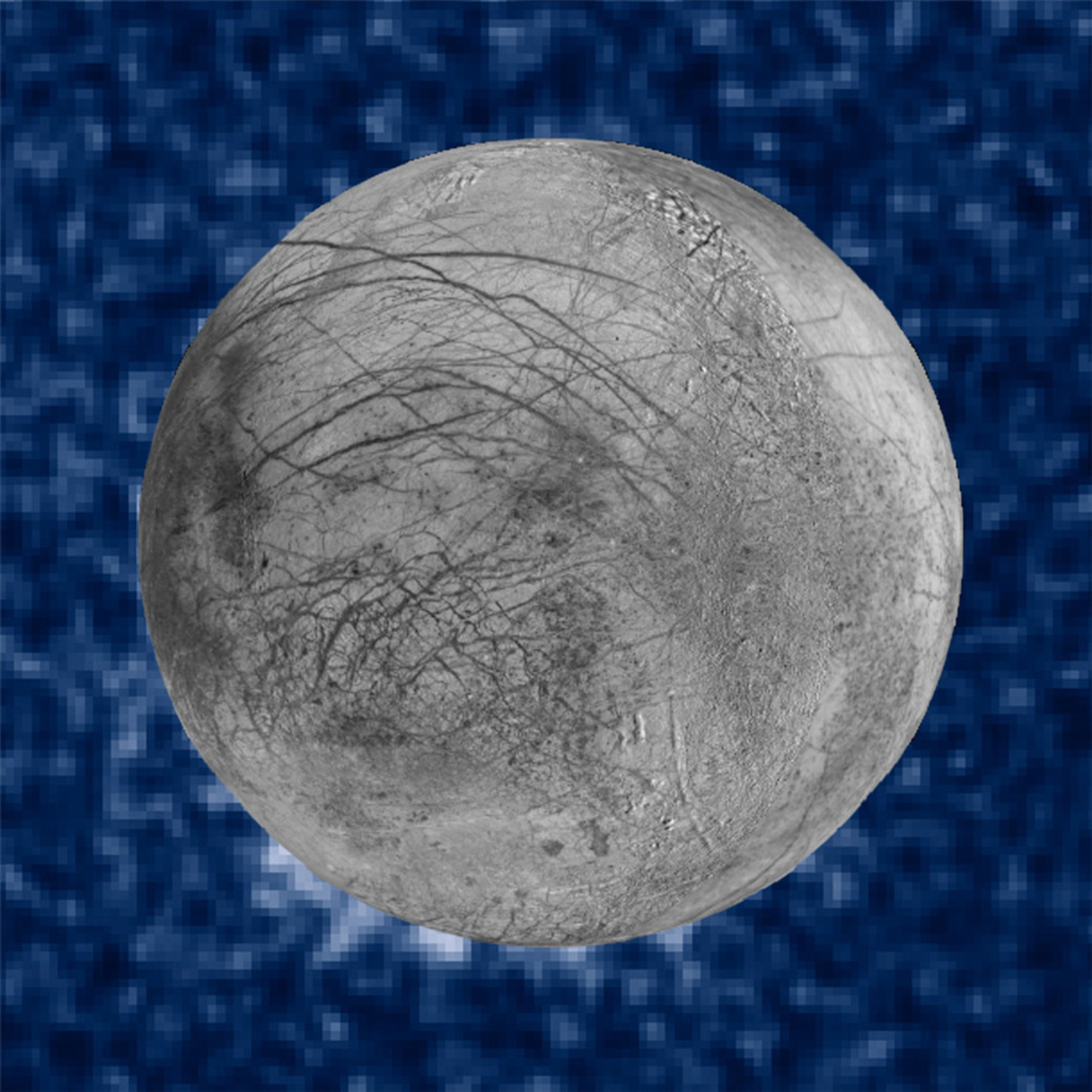 This composite image shows suspected plumes of water vapor erupting at the 7 o'clock position off the limb of Jupiter's moon Europa. The plumes, photographed by NASA's Hubble's Space Telescope, are seen in silhouette as the moon passed in front of Jupiter. Hubble's ultraviolet sensitivity allowed for the features -- rising over 100 miles above Europa's icy surface -- to be discerned. The water is believed to come from a subsurface ocean on Europa. The image of Europa, superimposed on Hubble data acquired in January 2014, is assembled from data from the Galileo and Voyager missions.