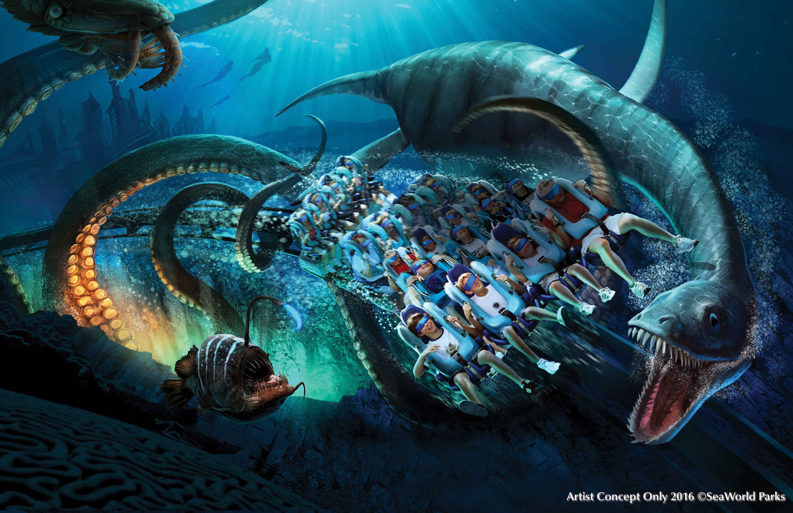 Kraken(R) Virtual Reality (VR) roller coaster, coming to SeaWorld Orlando 2017. The park's popular Kraken roller coaster will be transformed into a "deep sea" virtual reality coaster experience, the only VR coaster experience in Florida - taking riders on a mission alongside sea creatures inspired by extinct and legendary animals of the past.  A custom digital overlay with uniquely designed headsets, fully integrated both mechanically and electronically into the coaster train, delivers a new one-of-a-kind adventure.  Credit: Artist Concept Only - 2016 (C)SeaWorld Parks