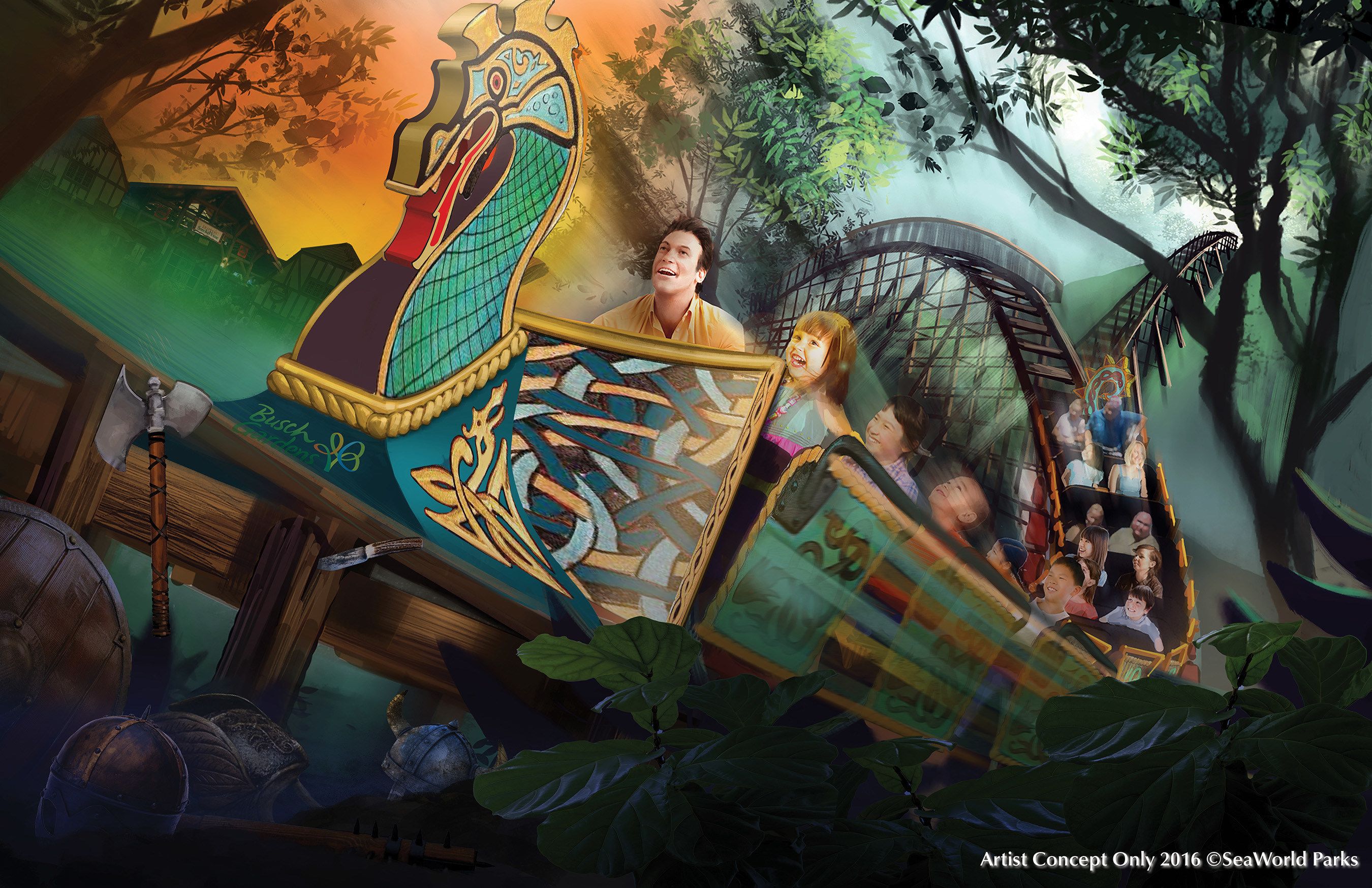 A new wooden roller coaster, InvadR, will join Busch Gardens Williamsburg's collection of world-class thrill rides, launching spring 2017.  The family thriller will be the park's first wooden coaster and eighth roller coaster in total.  Exciting ride elements include a more than 70-foot-drop and nine airtime hills, and will thrill adults and kids alike as they travel more than 2,100 feet through wooded terrain and underground through a tunnel. Credit: Artist Concept Only - 2016 (C)SeaWorld Parks