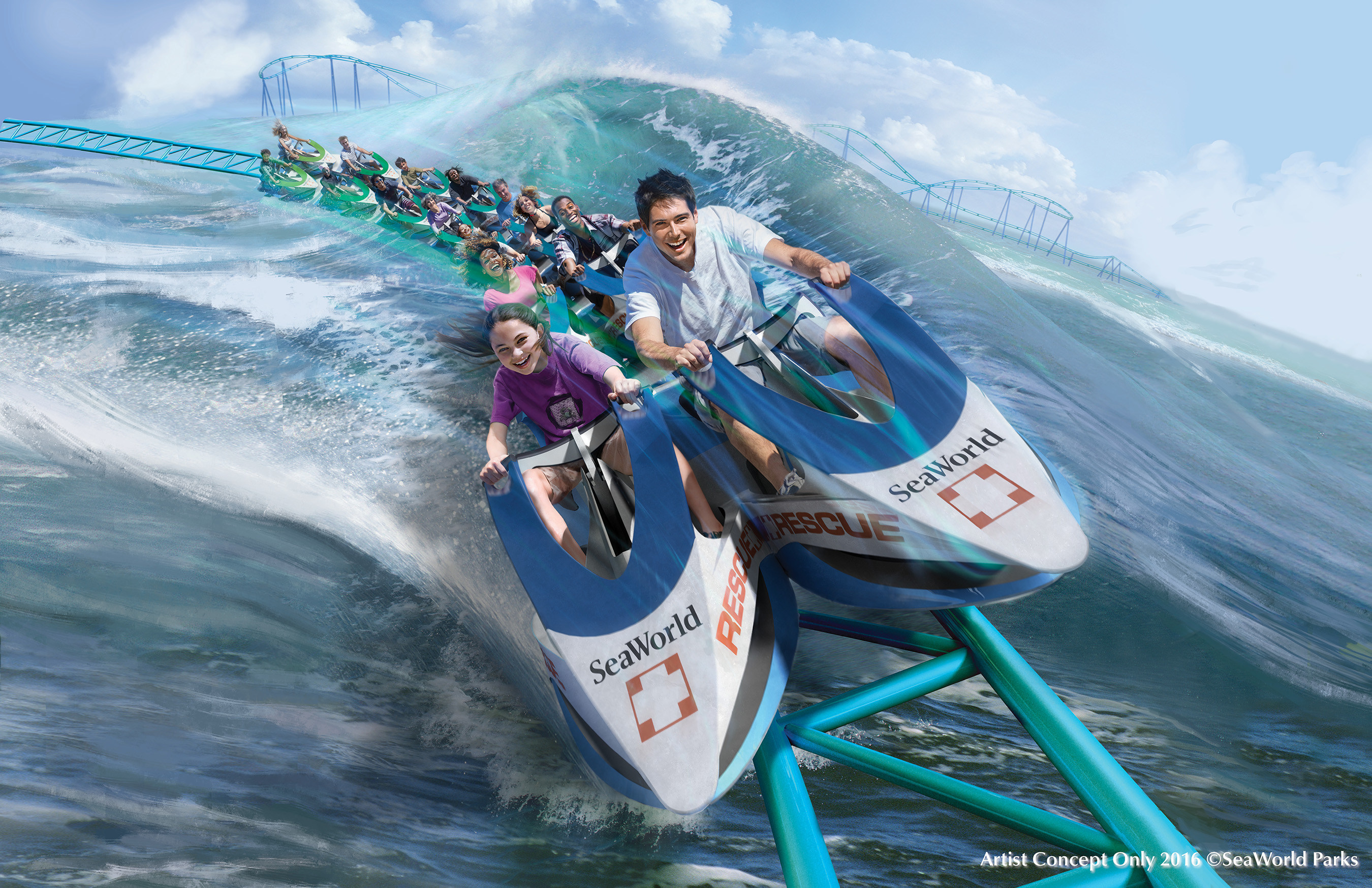 Wave Breaker: The Rescue Coaster(TM) will debut at SeaWorld San Antonio, summer 2017.  The unique jet ski-style car design, the first in North America, engages riders in a straddled seating position. Riders lean into a series of banked turns, racing over hills for maximum airtime and two high acceleration launches. Inspired by the Emmy(R) award-winning program, Sea Rescue(R), the coaster enables riders to feel what it's like to race alongside SeaWorld's heroic animal care team as they spring into action at a moment's notice to help rescue animals in distress.  Credit: Artist Concept Only - 2016 (C)SeaWorld Parks