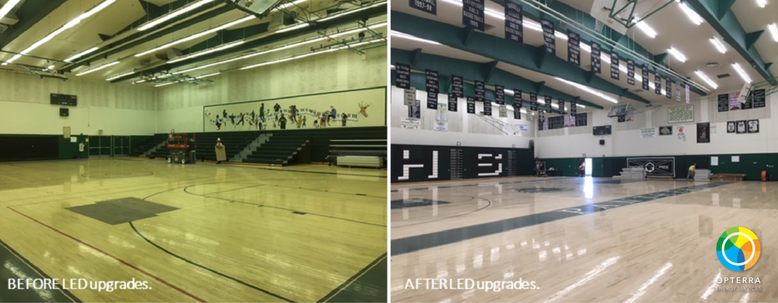Before/after photos of an LED retrofit done by OpTerra Energy Services at Perris High Gymnasium, representative of the breadth of upgrades that La Mesa Spring Valley Schools will soon see as part of their energy program with OpTerra.