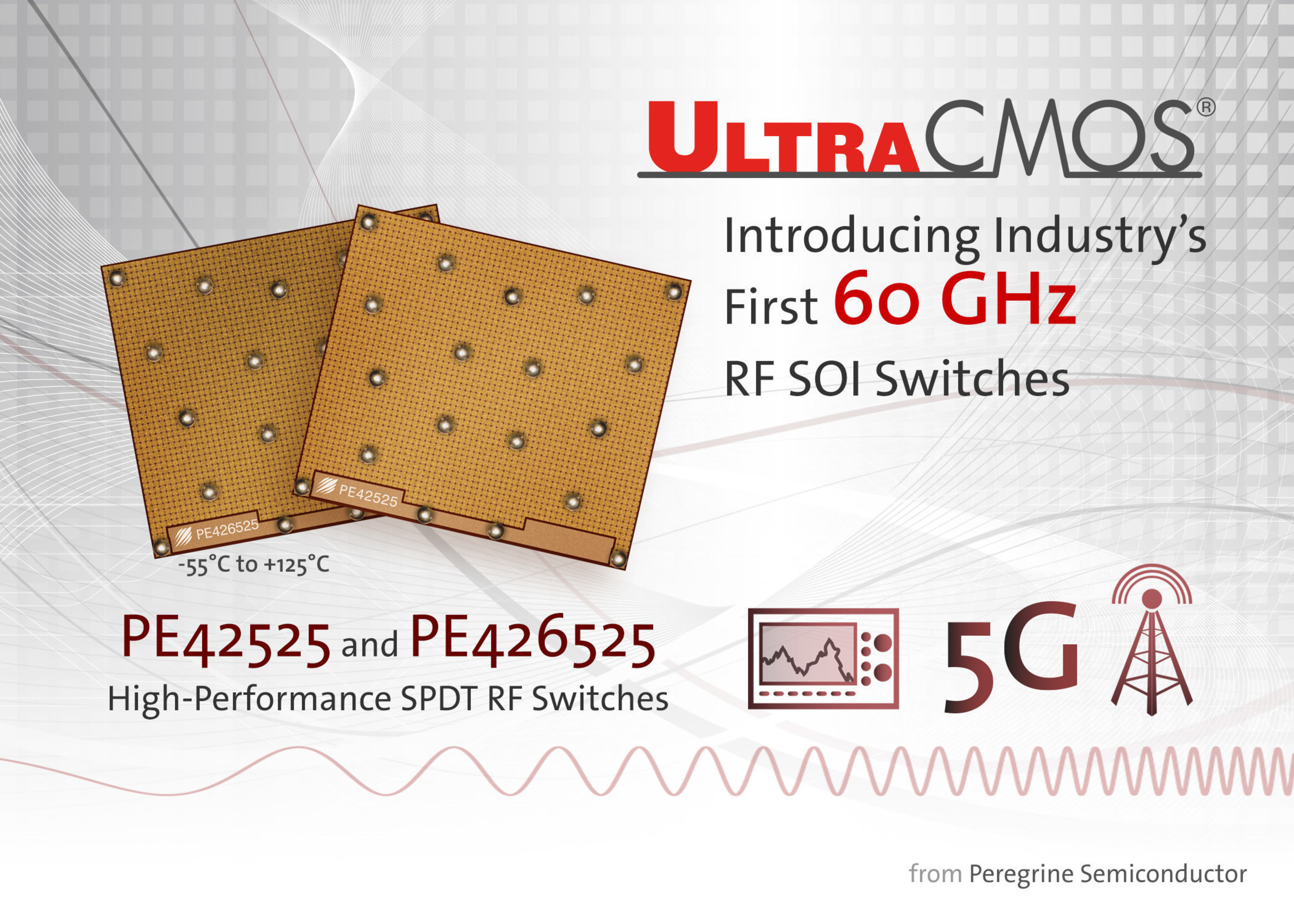 Peregrine Semiconductor introduces the PE42525 and the PE426525, the industry's first RF SOI switches to reach 60 GHz.