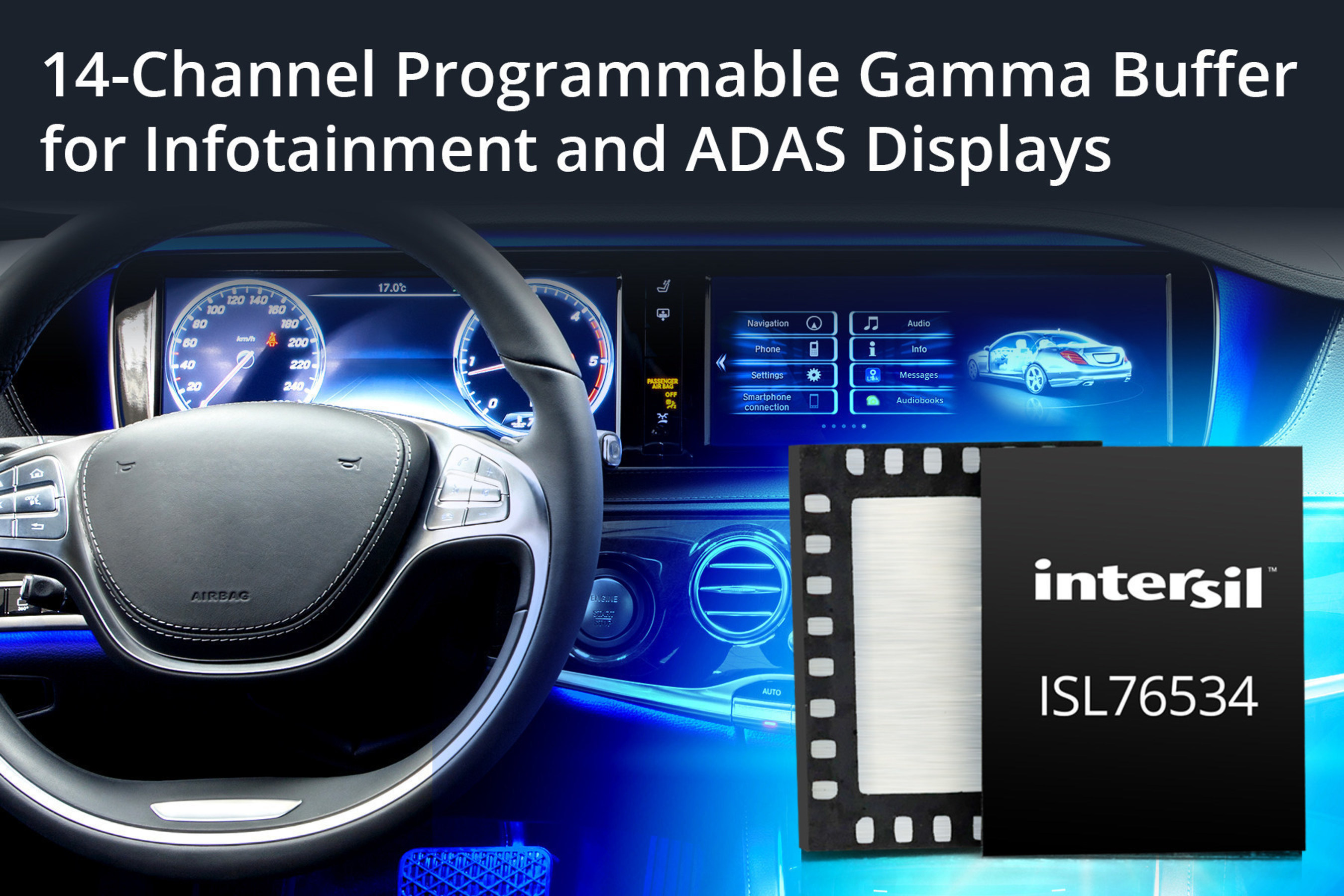 Intersil's automotive-grade ISL76534 delivers lowest power and highest accuracy gamma calibration to enable bright, high-contrast LCD displays.