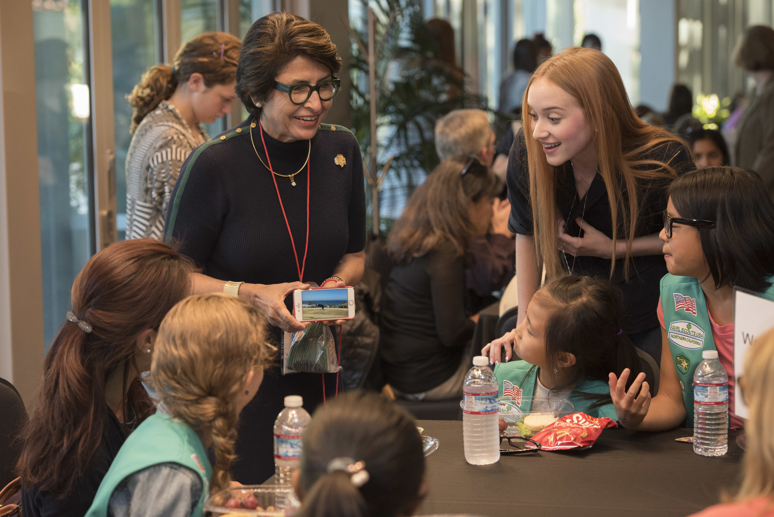 Girl Scouts of the USA Interim CEO, Sylvia Acevedo, left, and Project Mc2 cast member, Belle Shouse, right, trade STEM stories with local Girl Scouts at the "She Rules: STEM" event at Netflix headquarters in Los Gatos, Calif., Tuesday, Oct. 4, 2016. Girl Scout troops representing Girl Scouts of Northern California met with real-world STEM experts to encourage the pursuit of STEM career paths for young girls.
