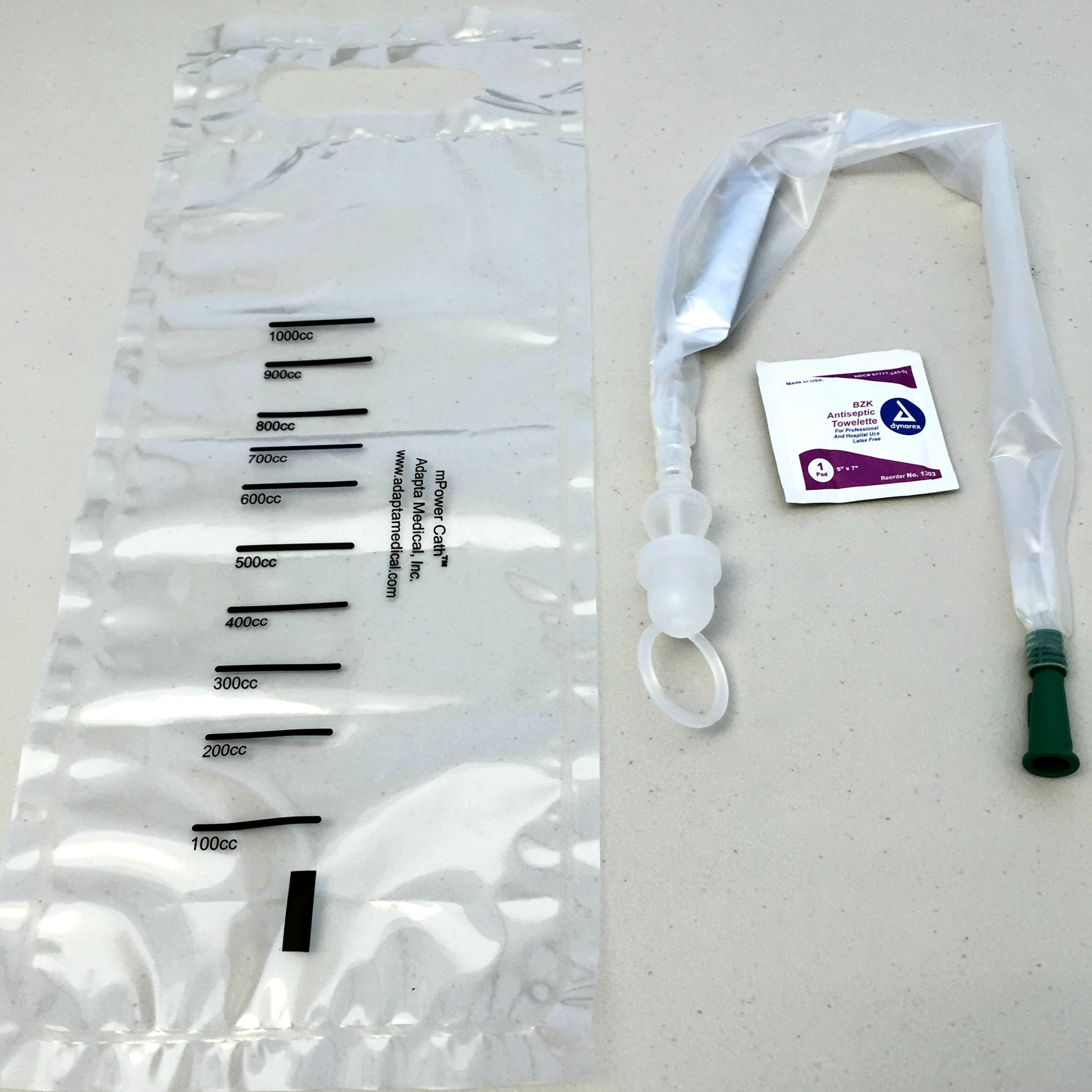 Adapta Medical's new mPower Hydro-S intermittent urinary catheter system, complete with collection bag.
