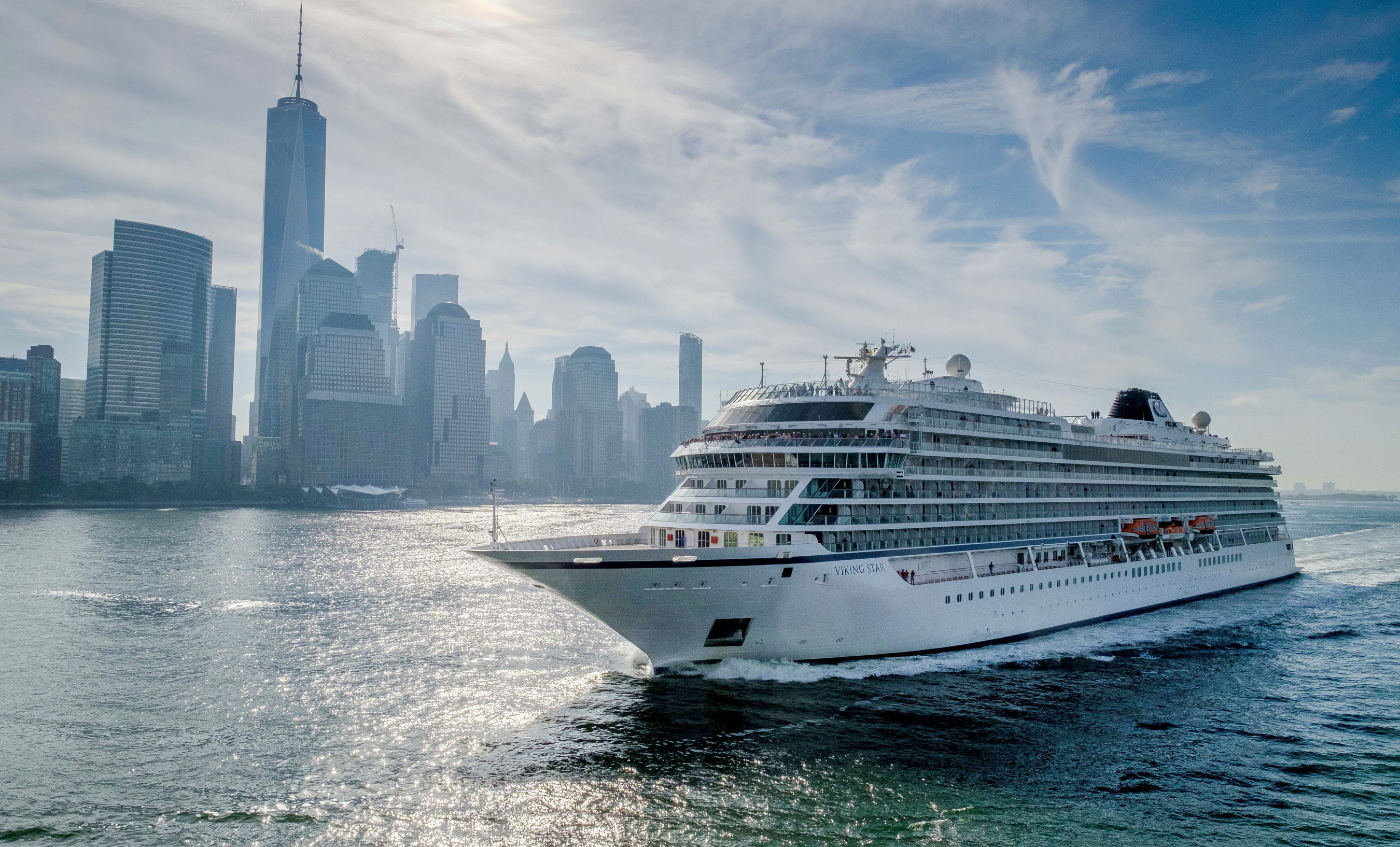 Viking Star, the first 930-passenger ocean ship from Viking Cruises, sails past One World Trade Center in lower Manhattan on Thursday, Oct. 13, 2016 as it calls on New York for the first time. Currently sailing its inaugural North American itinerary, Viking Star will continue onto the Caribbean where it will cruise this winter. For more information, visit www.vikingoceancruises.com.