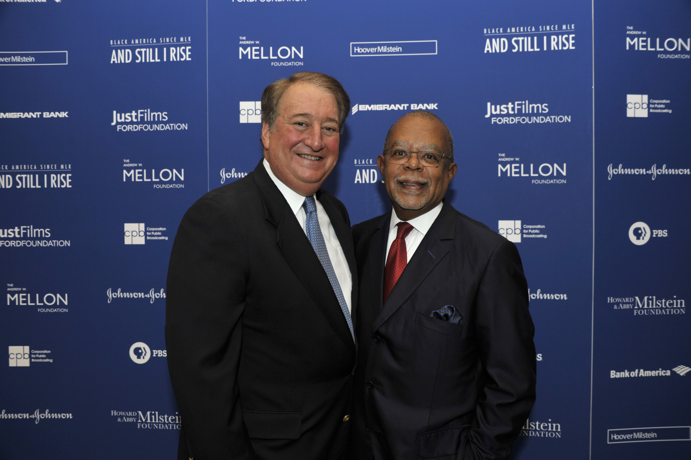 Howard P. Milstein, Chairman and CEO of Emigrant Bank (left), with Henry Louis Gates Jr., at a launch event sponsored by the Howard and Abby Milstein Foundation, Emigrant Bank and HooverMilstein, for Professor Gates upcoming public television series "Black America Since MLK: And Still I Rise."