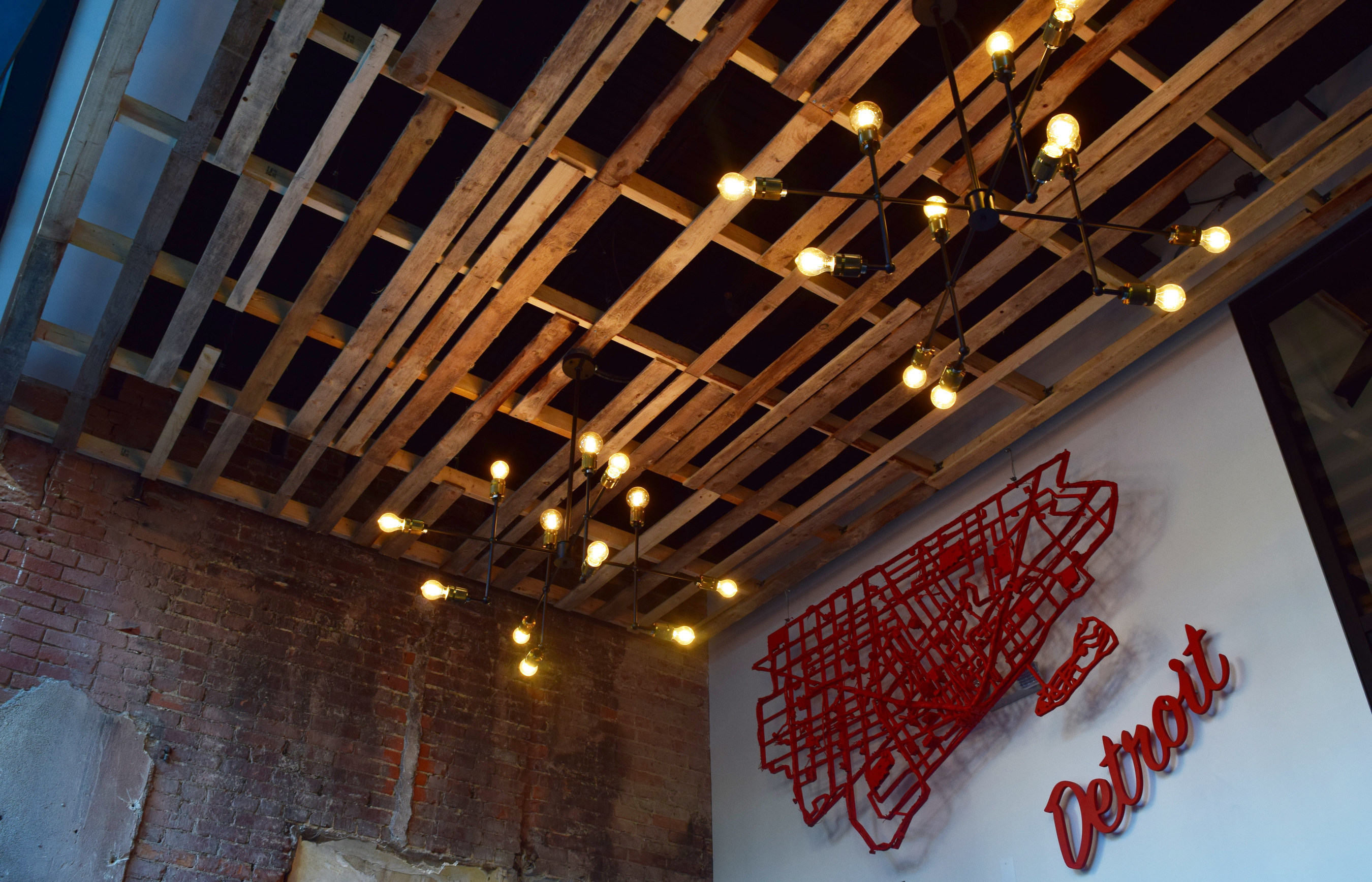 Lear Innovation Center entrance ceiling is made from recycled wood pallets