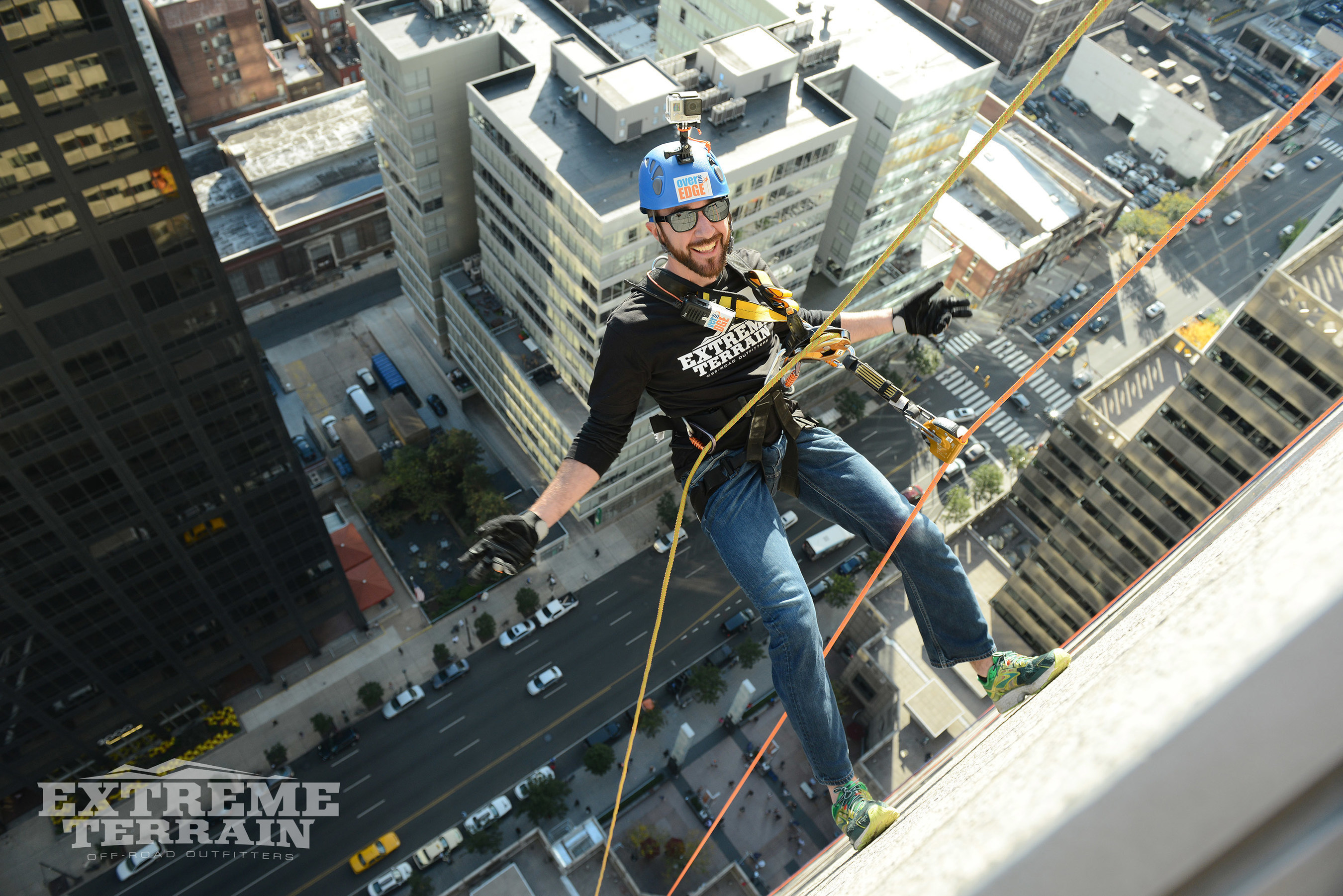ExtremeTerrain employee Mike Cunningham was voted to rappel the 2 Commerce Square building by fellow employees who said he embodies one of XT's core values: Be Ambitious.