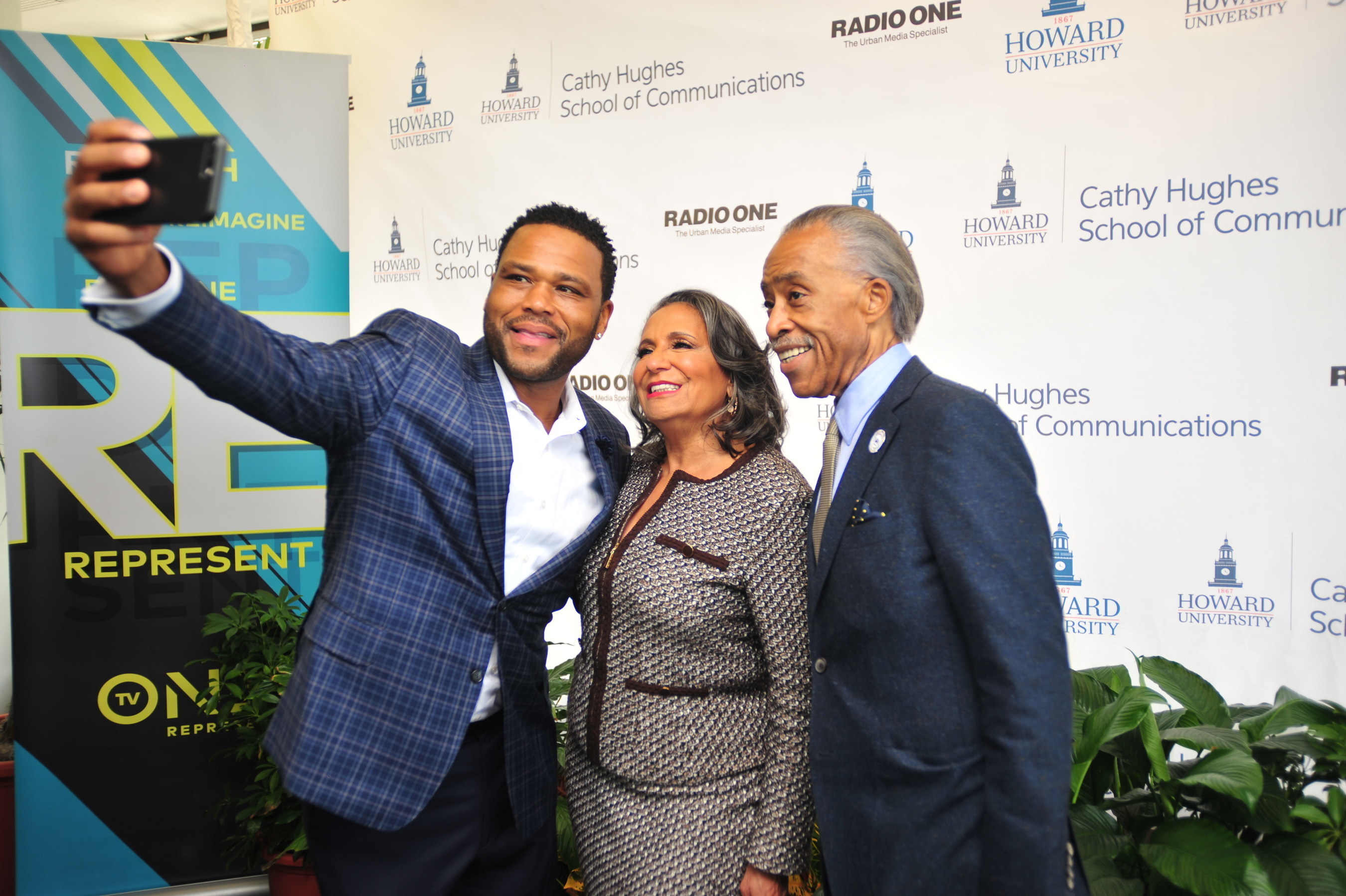 Award-winning Actor Anthony Anderson, Radio One, Inc. Founder and Chairperson Cathy Hughes, and Civil Rights Activist and Television Host Rev. Al Sharpton at the Cathy Hughes School of Communications at Howard University Celebratory Brunch at Howard University on Sunday October 23, 2016 in Washington.