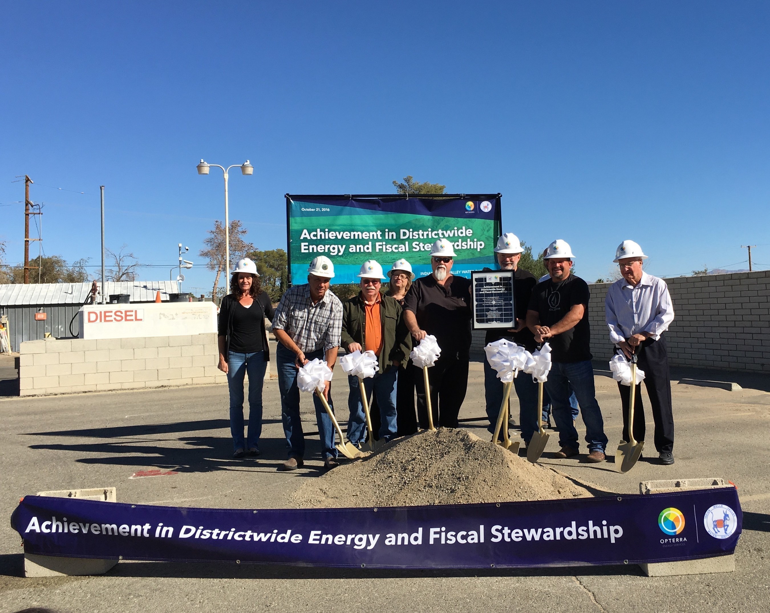 Leaders from the Indian Wells Valley Water District break ground on the beginning of a comprehensive energy efficiency and solar program with OpTerra Energy Services. The community celebration was held on Friday, October 21st, 2016.