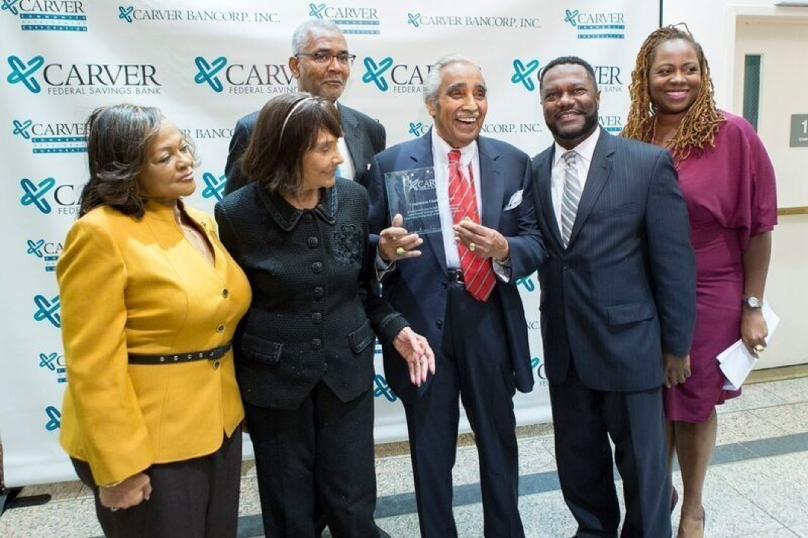 From left to right: Congresswoman Inez Dickens; Alma Rangel; Kenneth Knuckles, Carver Board of Directors, and President & CEO, Upper Manhattan Empowerment Zone; Congressman Charles B. Rangel; Michael T. Pugh, President & CEO, Carver Federal Savings Bank; Blondel Pinnock, SVP, Chief Lending Officer, Carver Federal Savings Bank
