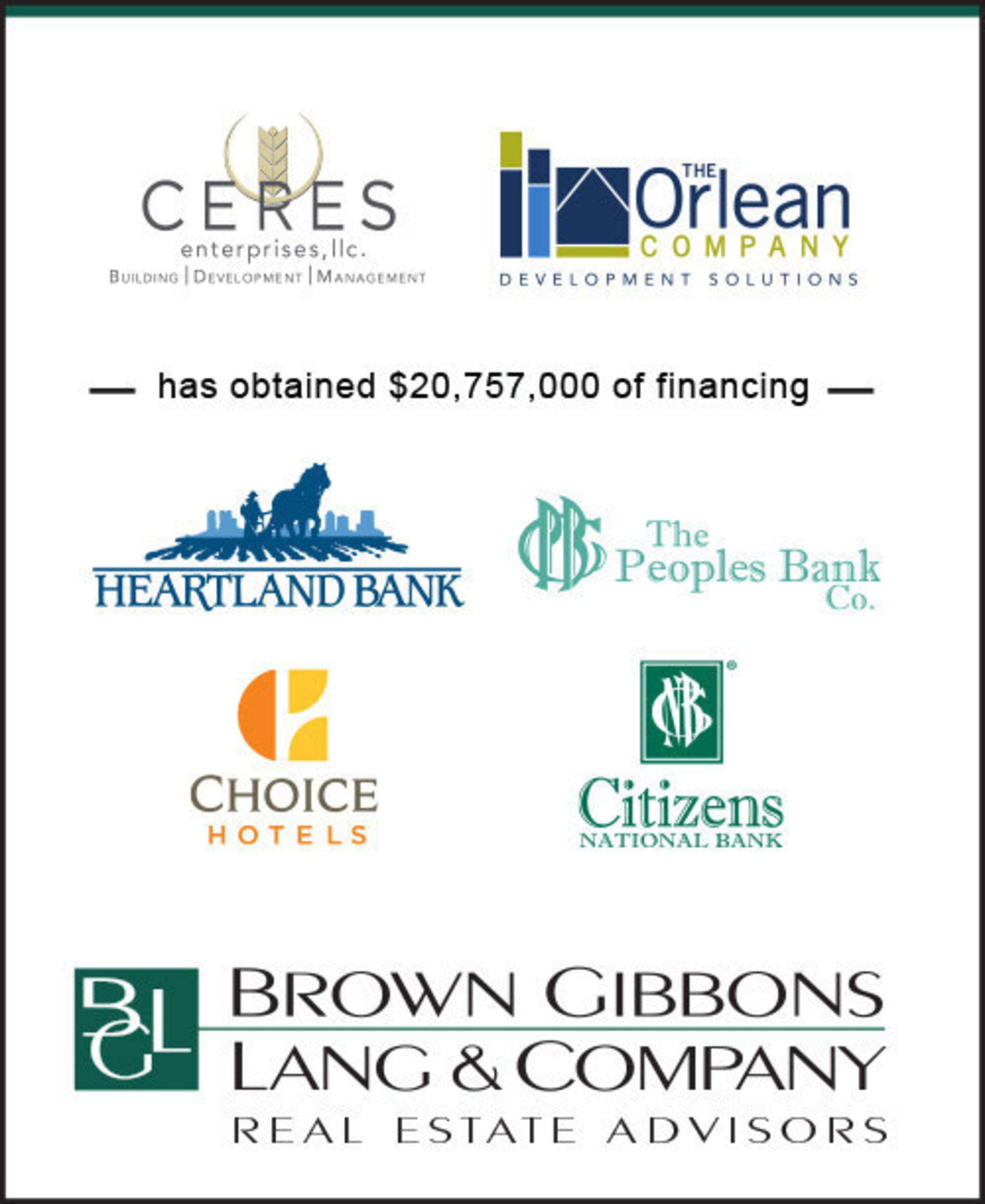 BGL Real Estate Advisors LLC is pleased to announce the successful completion of development financing for Ceres Enterprises LLC and The Orlean Company.  The capital structure will support the third development of Choice Hotel's new limited service brand in Westfield, Indiana, joining properties in Noblesville, Indiana and Avon, Ohio.