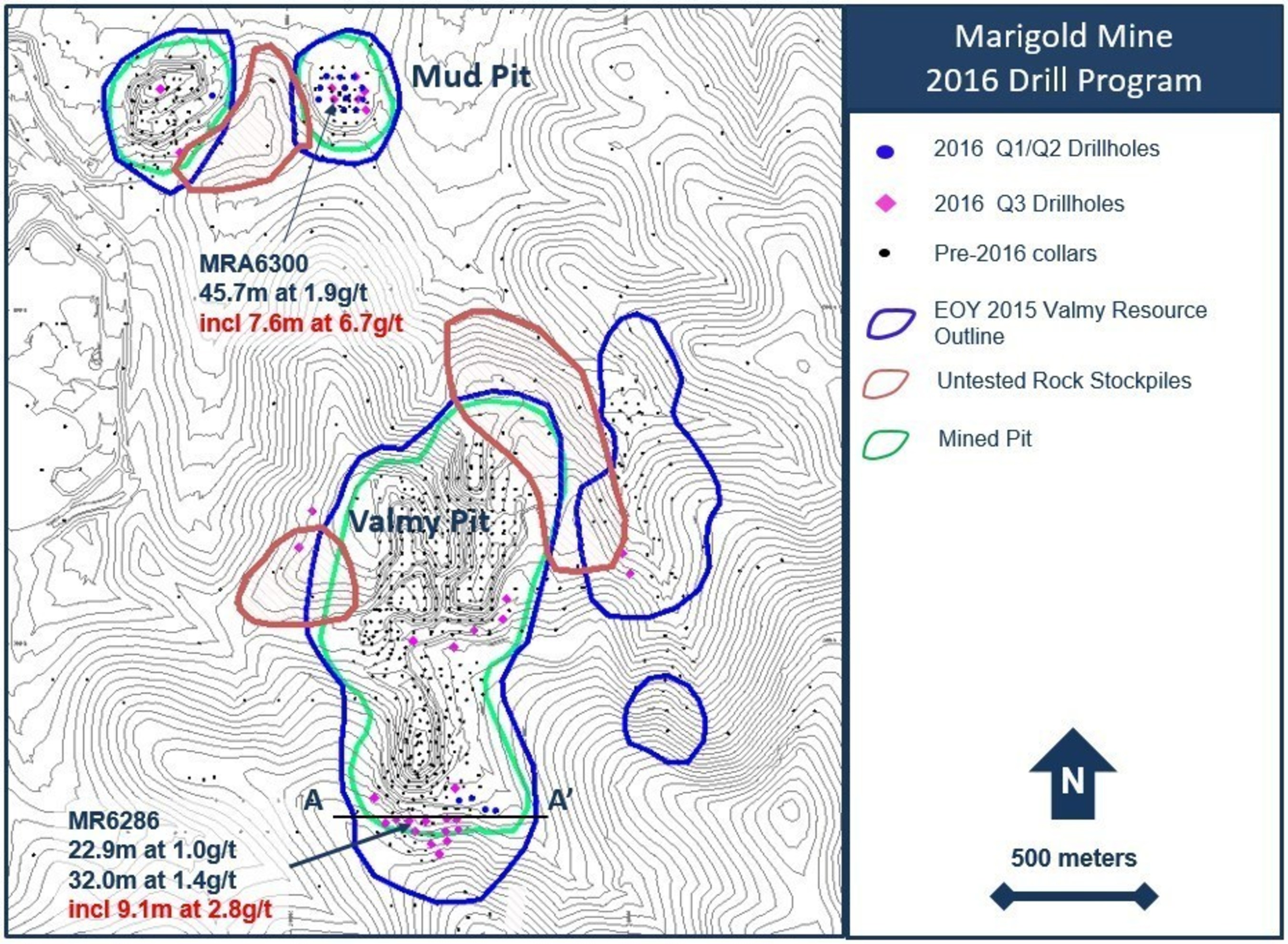 Figure 2. Drillhole location plan map for the 2016 exploration drill program at the Valmy property, Marigold mine, Nevada, U.S.