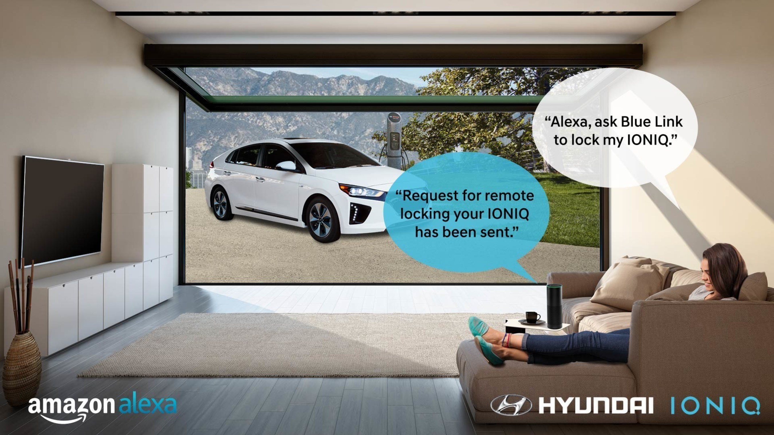 Fountain Valley, Calif., Nov. 15, 2016 - Hyundai becomes the first mainstream automaker to connect cars with homes using Amazon Echo and its new Blue Link skill for Amazon Alexa.