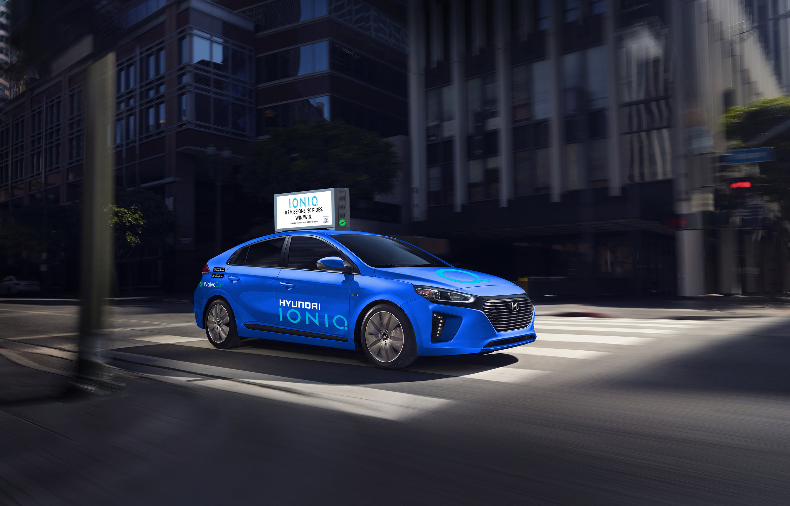 Los Angeles, Nov. 16, 2016 - Hyundai Motor and WaiveCar, the world's first all-electric car-sharing program that runs on advertising dollars, today announced a partnership that will expose millions of shoppers to the all-new Hyundai IONIQ electric compact car for free.