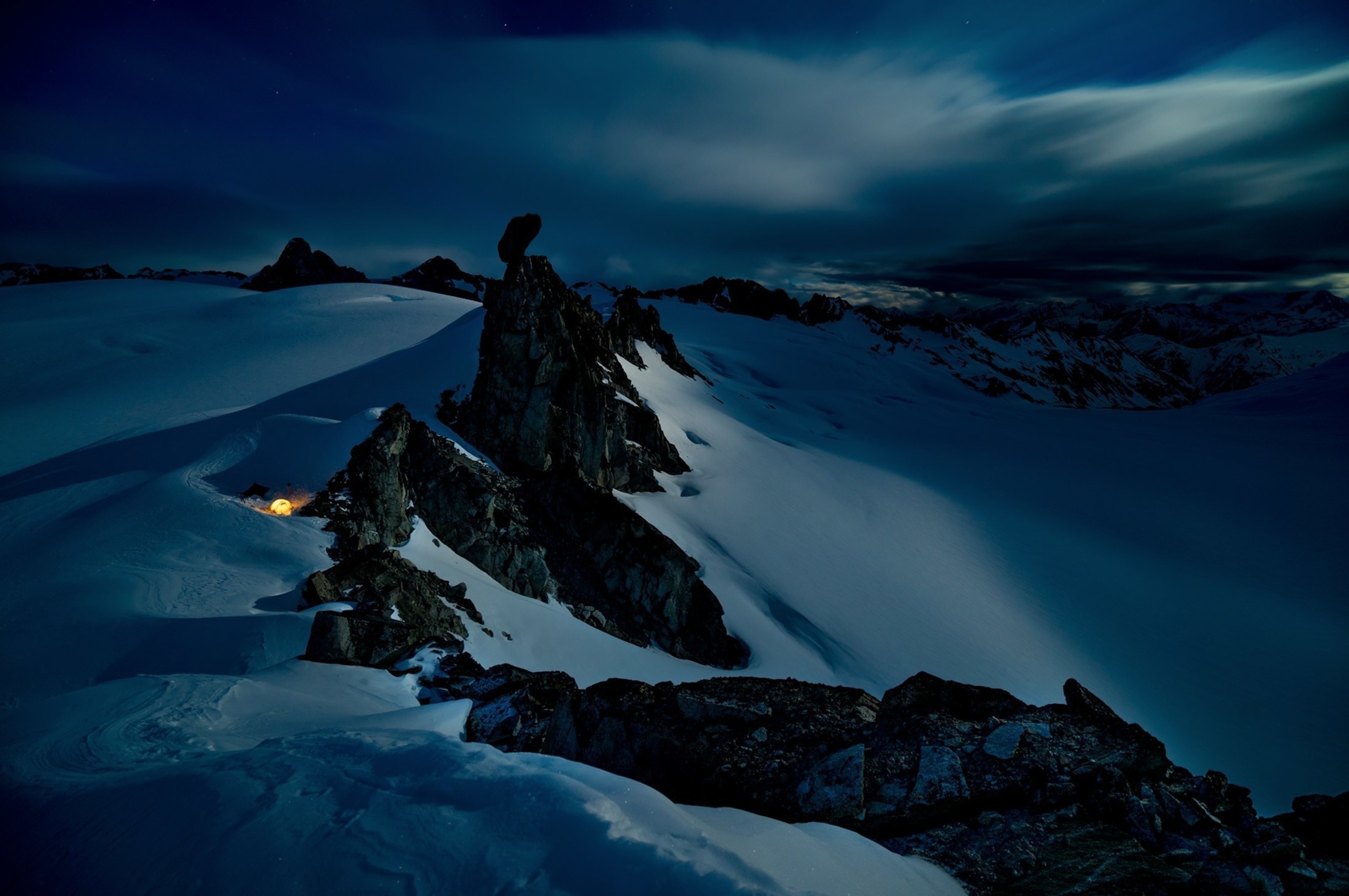 One of many windy, moonlit campsites on British Columbia's Homathko Icefield for the crew of A Skier's Journey (as seen in Crossing Home: A Skier's Journey).