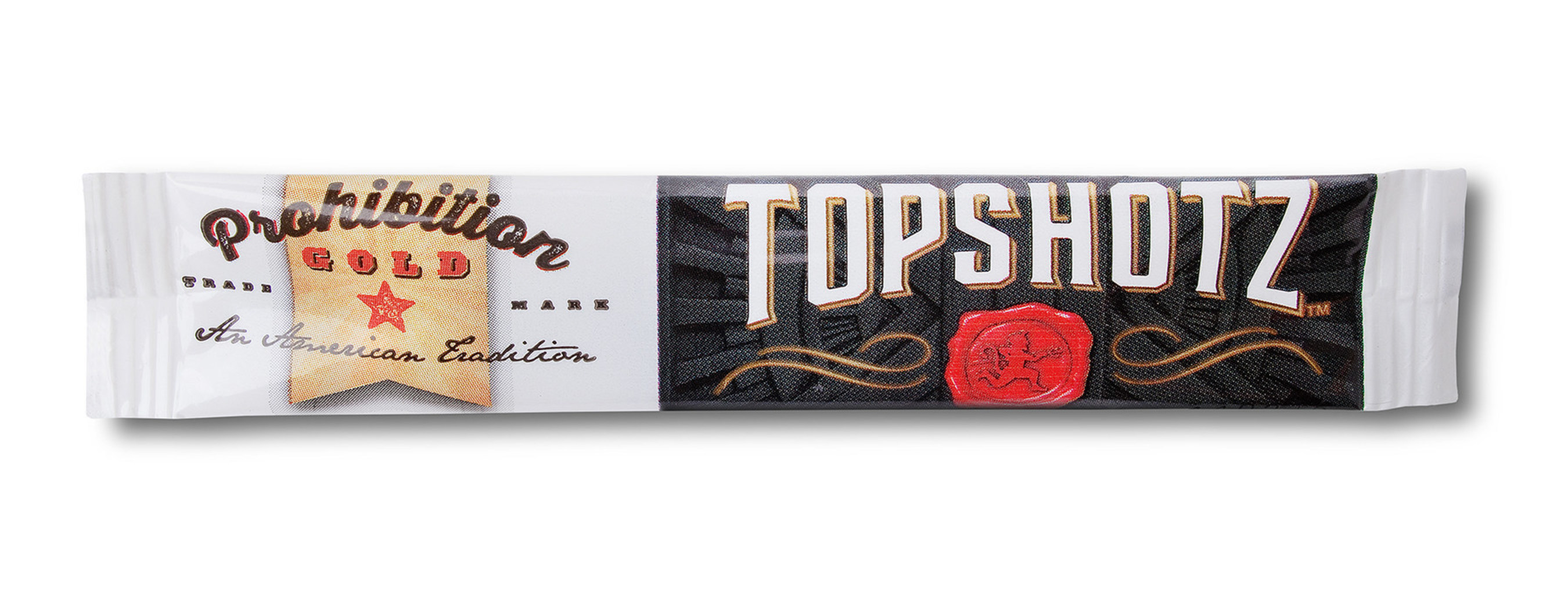 Prohibition Gold's Topshotz single 10mg dose stick packs are similar in size and shape to Starbucks VIA(R) Instant Coffee.
