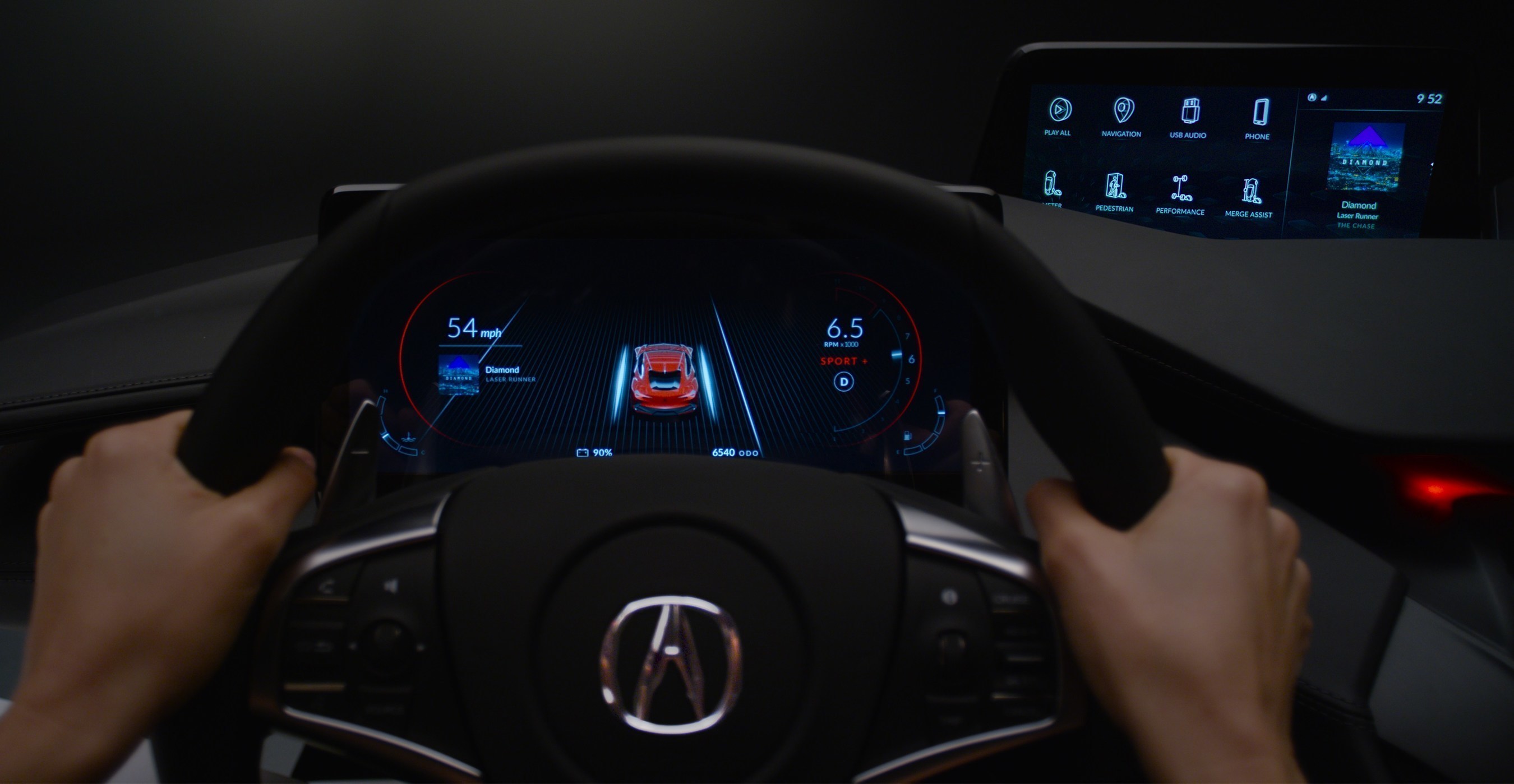 In automated mode, the driver's display displays other cars and road objects recognized by the vehicle's advanced sensors.