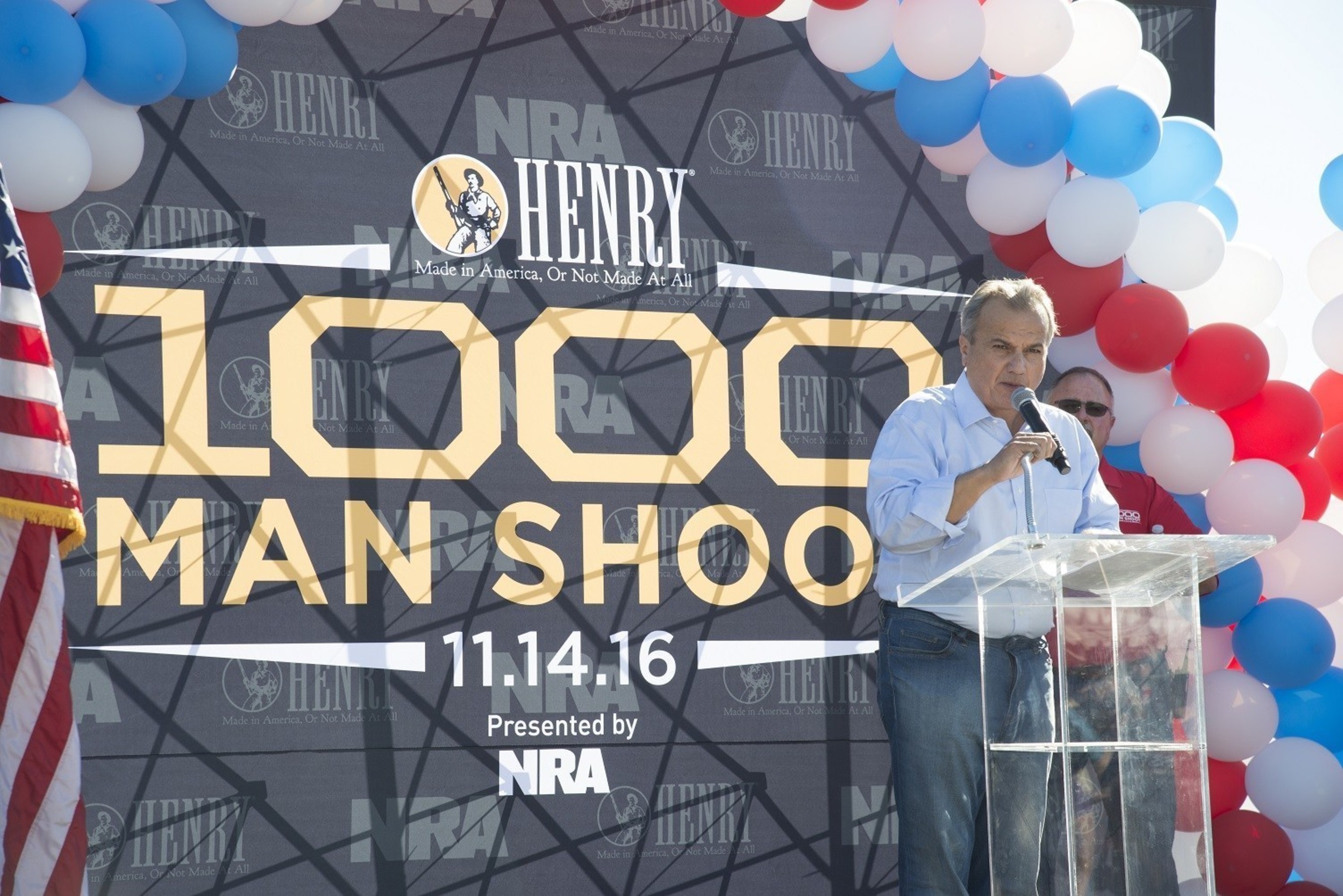 Anthony Imperato, President of Henry Repeating Arms welcomes the crowd at the Henry 1000 Man Shoot held at the Ben Avery Shooting Facility on Monday, November 14, 2016.