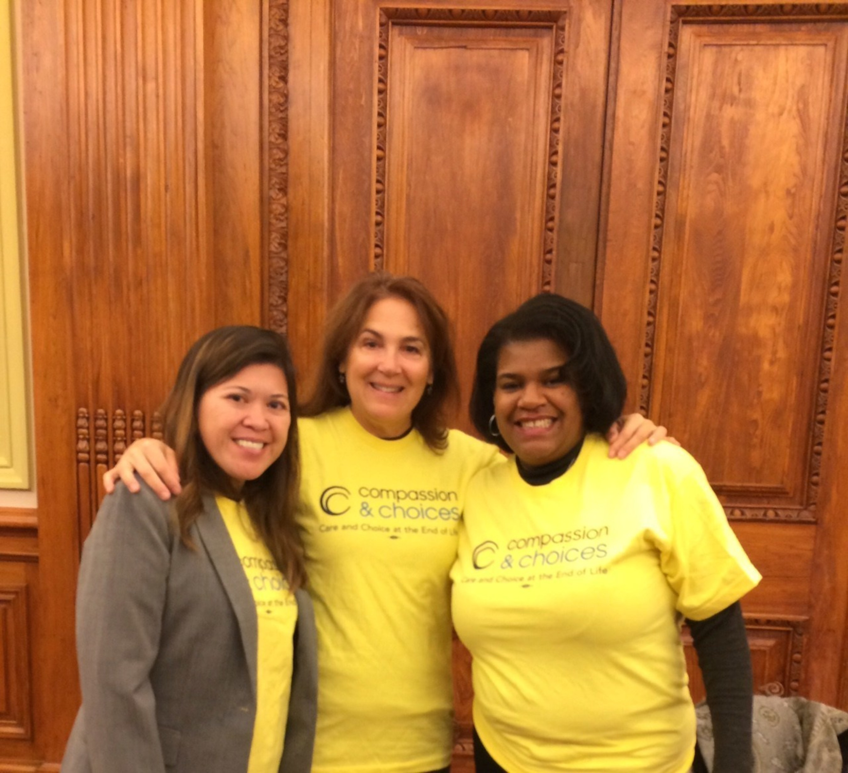 Compassion & Choices Political Director Charmaine Manansala, Compassion & Choices  volunteer Gwen Fitzgerald, Compassion & Choices D.C. Legislative and Field Manager Donna Smith at the D.C. Council