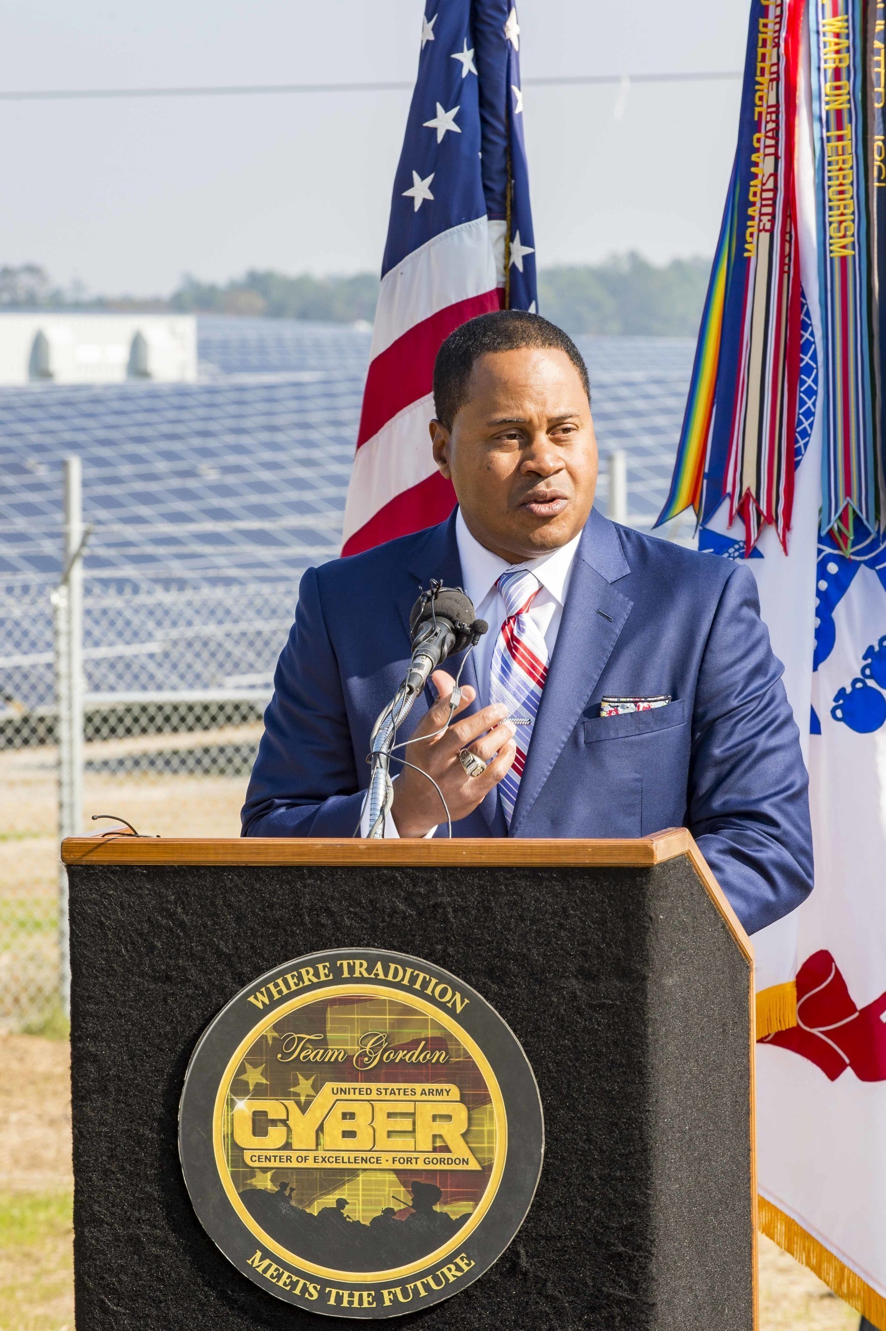 Georgia Power's Kenny Coleman highlights the importance of new renewable energy to the company, customers and the community during a special event to dedicate a new 30 MW solar facility at Fort Gordon near Augusta, Ga.