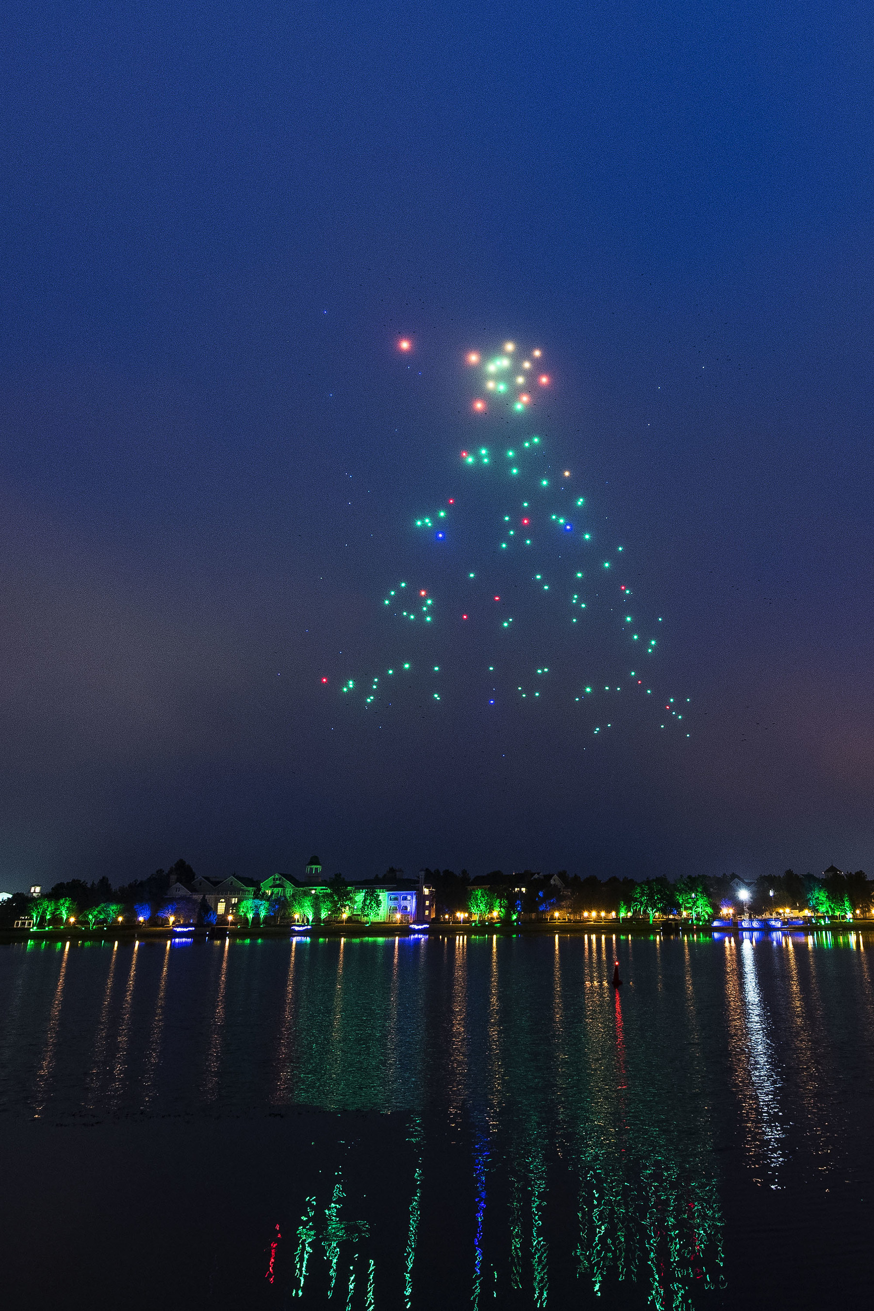 Starbright Holidays - An Intel Collaboration at Disney Spring: This holiday season, guests at Disney Springs-the shopping, dining and entertainment district of Walt Disney World Resort-will get a chance to see Disney and Intel exploring remarkable new technology as hundreds of lighted show drones take to the nighttime sky in "Starbright Holidays - An Intel Collaboration." (Matt Stroshane, photographer)