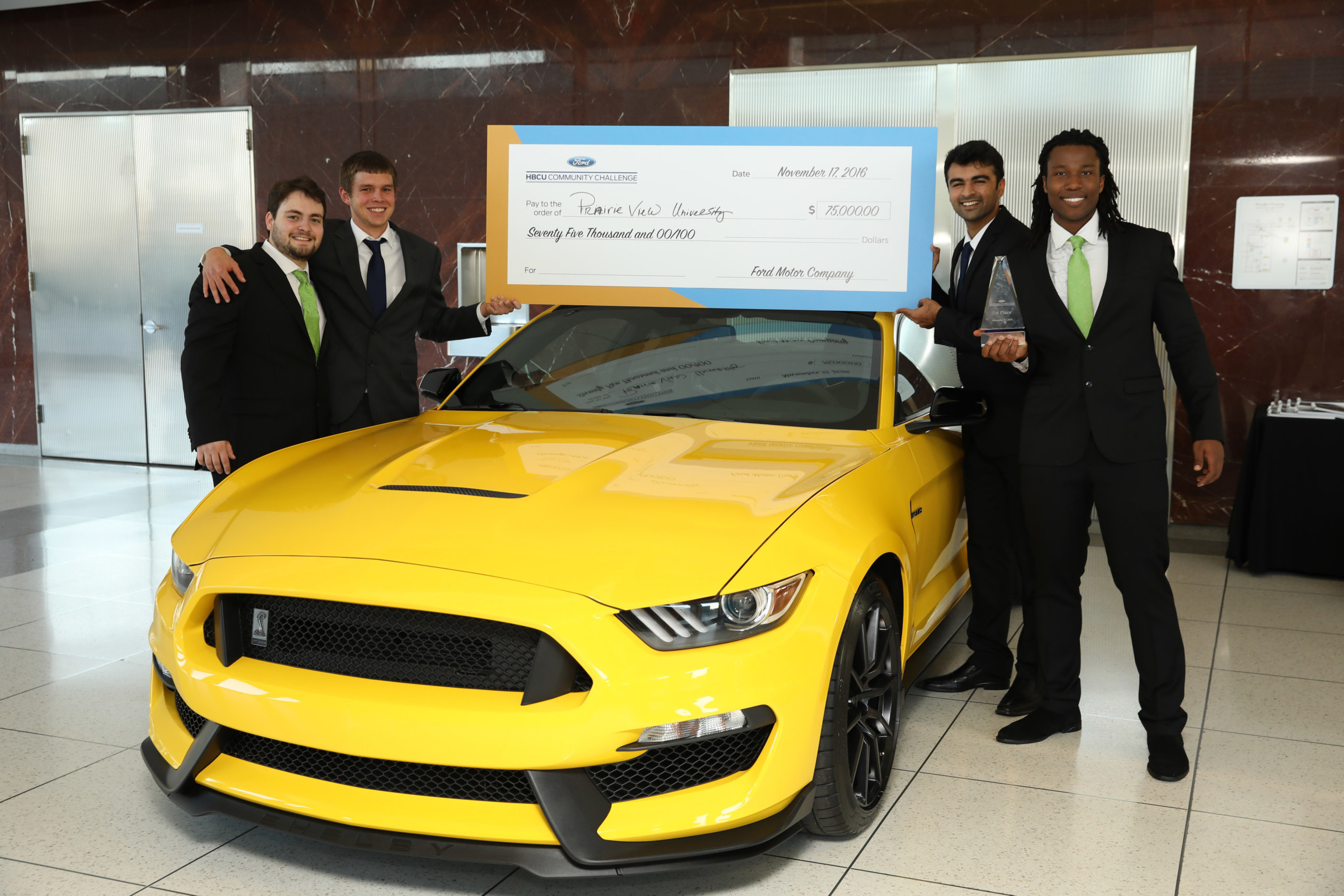 Students of Prairie View A&M University win 2016 Ford HBCU Community Challenge after presenting innovative app in front of judges including Tom Joyner and Henry Ford III at Ford World Headquarters.