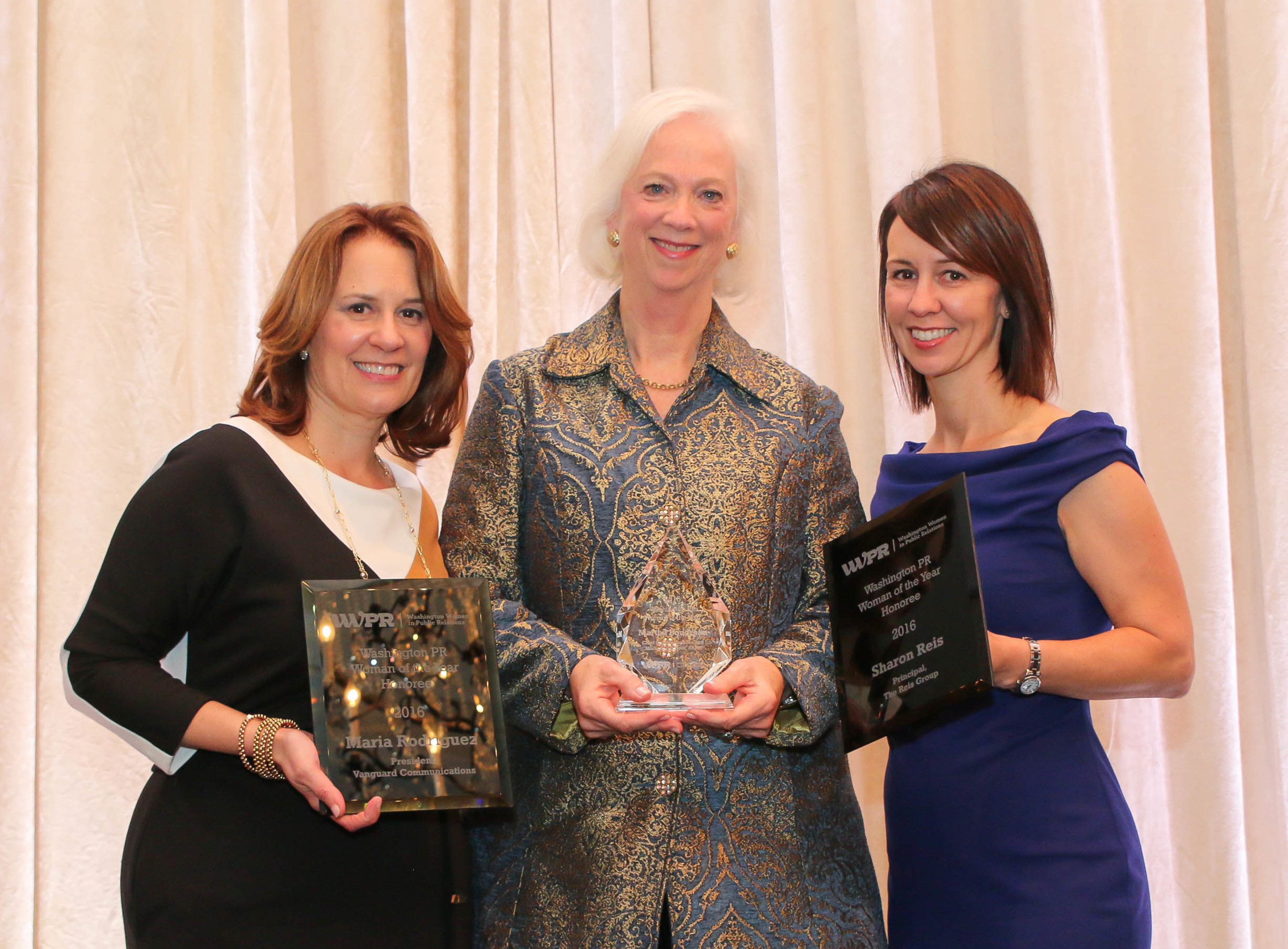 2016 WWPR PR Woman of the Year Martha Boudreau (center) with finalists Maria Rodriguez (left) and Sharon Reis (right)