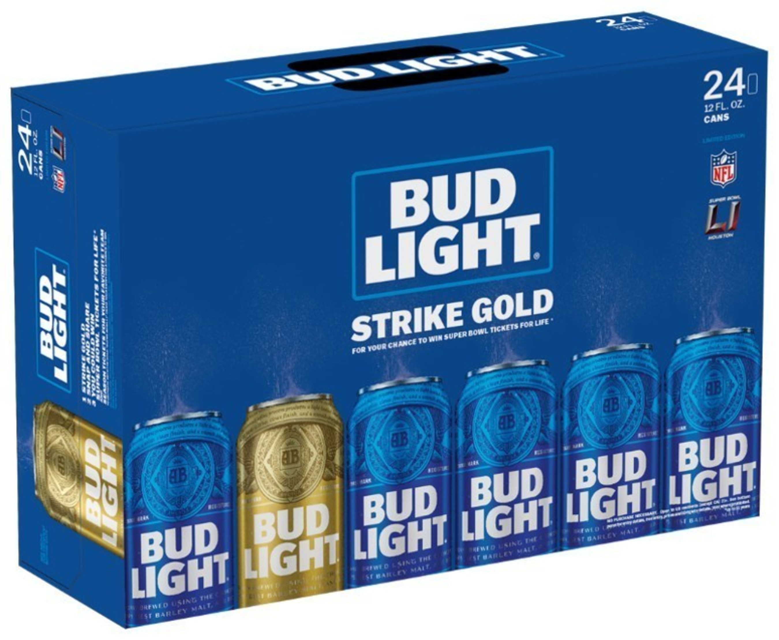 Bud Light is further celebrating passionate NFL fans around the league by introducing limited-edition "Strike Gold" Super Bowl-themed packaging. Randomly seeded in select packs are gold Super Bowl 51 cans, which - when found - give fans the opportunity to enter for a chance to score big at the end of the season and win tickets to attend the Super Bowl each year for the rest of their life (up to 51 years).