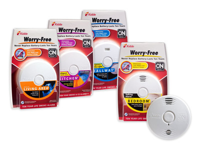Kidde's Worry-Free alarms are the first UL-listed comprehensive line of smoke, carbon monoxide (CO) and combination alarms containing a sealed, lithium battery that lasts 10 years. Available in battery-only and hardwired with battery backup power options, the Worry-Free alarms offer a decade of protection without having to replace a battery or hear a low-battery chirp. Photography by Steve Exum of Exum Photo on September 6, 2012.