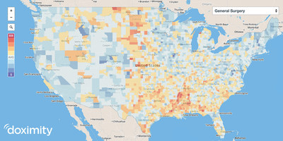 Doximity: Heat map of salaries for general surgeons by US county.