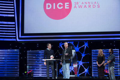 Aaryn Flynn and Mark Darrah of BioWare accept the Game of the Year award for Dragon Age: Inquisition, at the 18th Annual D.I.C.E. Awards presented by AIAS, Feb. 5, 2015.