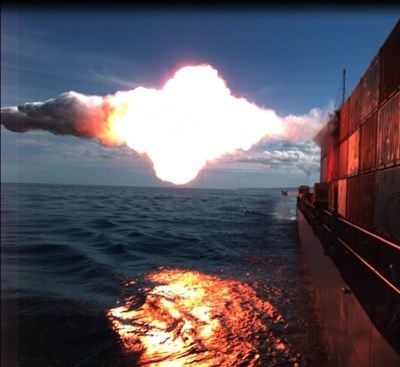 A Tomahawk cruise missile hits a moving maritime target Jan. 27 after being launched from USS Kidd (DDG 100) near San Nicolas Island in California. (U.S. Navy photo)
