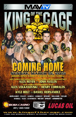 King of the Cage, an internationally broadcast MMA company, is proud to announce on Sunday, March 15, 2015, KOTC will return to Soboba Casino in San Jacinto, California for a broadcast event in the 10,000 seat Soboba Arena.