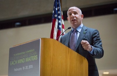 Former President pro Tempore of the California State Senate and mental health advocate Darrell Steinberg addresses the audience at the 7th International Together Against Stigma Conference, on Thursday, February 19, 2015 in San Francisco, CA. In his remarks to the audience, Steinberg noted, "People don't need to suffer silently; people can lead good lives." Over 750 attendees from all over the world converged at the three-day gathering, participating in workshops and discussions surrounding mental health. (Don Feria/AP Images for Each Mind Matters)