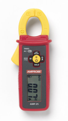 The 5.8-inches-tall AMP-25 measures AC/DC load (60 / 300 A) and in-rush current for motor start-up monitoring, with essential features like True-RMS for accuracy in electrically noisy environments, non-contact voltage detection, and 300 A low pass filter for variable frequency drive testing. The meter is safety rated CAT III 600 V and features DCA zero and data hold functions, auto power off, one-inch (25mm) jaw opening, and a backlit screen.