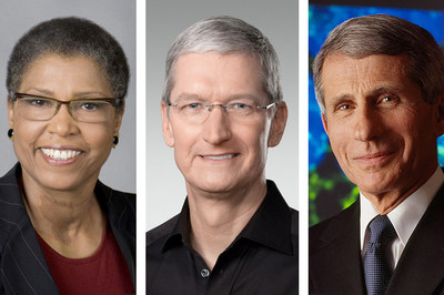 Carole M. Watson, left, Tim Cook, center, and Anthony S. Fauci will receive honorary degrees at GW's May 17 commencement.
