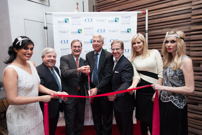 Pictured behind ribbon from left:  Marty Markowitz, NYC & Co.; G.R. Pitman, Chesapeake Lodging Trust; Ben Seidel, Real Hospitality Group; George Vizer, Hyatt Hotels Corporation; Aviva Drescher, Television Personality