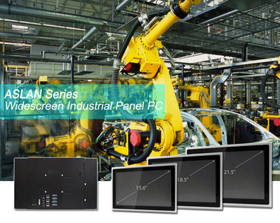 Arbor Solution ASLAN Series of widescreen panel PCs for industrial applications, including Industry 4.0 smart factories.