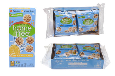 HomeFree(R), "treats you can trust," announces two new product launches, Gluten Free Lemon Burst Mini Cookies (6/5-oz.) and Gluten Free Chocolate Chip Mini Cookies Snack Multipack (6/4-1.1 oz.), as the newest additions to its line of nationally distributed, gluten free, allergy friendly cookies. HomeFree Gluten Free Lemon Burst Mini Cookies are free of the most common 8 food allergens - peanuts, tree nuts, eggs, dairy, wheat, soy, fish and shellfish.