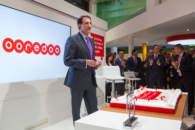 His Excellency Sheikh Abdulla Bin Mohammed Bin Saud Al Thani, Chairman, Ooredoo Group, celebrates Ooredoo's 100 million customer milestone at Mobile World Congress