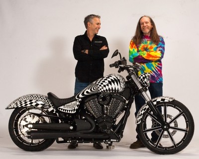 Cory Ness, left, and Rick Fairless, right, stand with the custom-built 2015 Allstate Victory Gunner bike