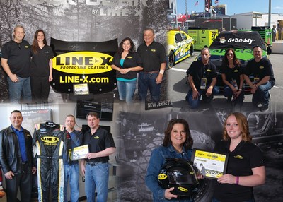 LINE-X Race to the Finish Sweepstakes winners pose with their prizes: race hood from No.5 LINE-X Chevrolet race car, Alex Bowman's race suit and helmet and a trip to the 2015 Daytona 500.