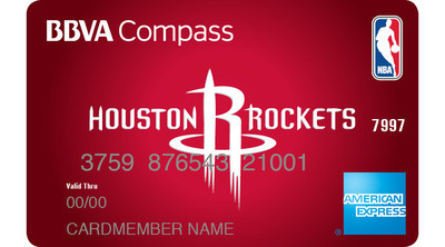 The BBVA Compass NBA American Express Card featuring the Houston Rockets team logo.