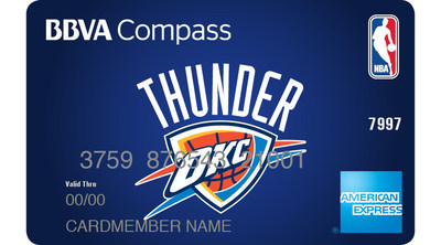 The BBVA Compass NBA American Express Card featuring the Oklahoma City Thunder team logo.