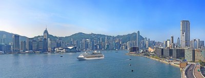 Panoramic view of a cruise ship in Hong Kong on Victoria Harbour. Credit Hong Kong Tourism Board (HKTB).