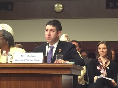 Ryan Kules, national alumni director at Wounded Warrior Project, testifies before the Joint Committees on Veterans Affairs on Capitol Hill today.