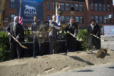 MGM Springfield breaks ground with Massachusetts Gaming Commission Chairman Stephen Crosby, MGM Springfield President Mike Mathis, MGM Resorts International Chairman and CEO Jim Murren, Mayor of Springfield Domenic Sarno and Associate Director of Revitalize CDC Ethel Griffin (from left to right).