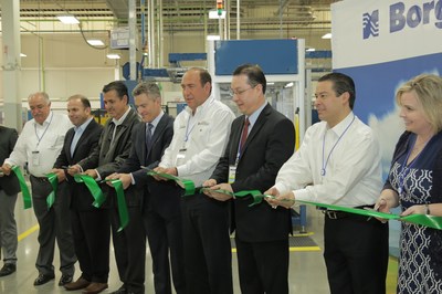 BorgWarner opened an expanded facility in Ramos-Arizpe, Mexico, to meet accelerating demand for advanced exhaust gas recirculation and ignition technologies. Government and company officials attending the event included (left to right): Melchor Sanchez, Local Congressman; Marcos Duran Flores, Federal Delegate for the Secretary of Economy; Jose Antonio Gutierrez Jardon, Secretary for Economic Development, Tourism and Competitiveness of Coahuila State; Christopher Lanker, General Manager, BorgWarner Emissions Systems North America; Ruben Moreira Valdez, Coahuila State Governor; Alberto Sanchez, Plant Manager, BorgWarner Emissions Systems Ramos; Ricardo Aguirre, Mayor of Ramos-Arizpe; and Erika Nielsen, Director, Global Government Affairs, BorgWarner.